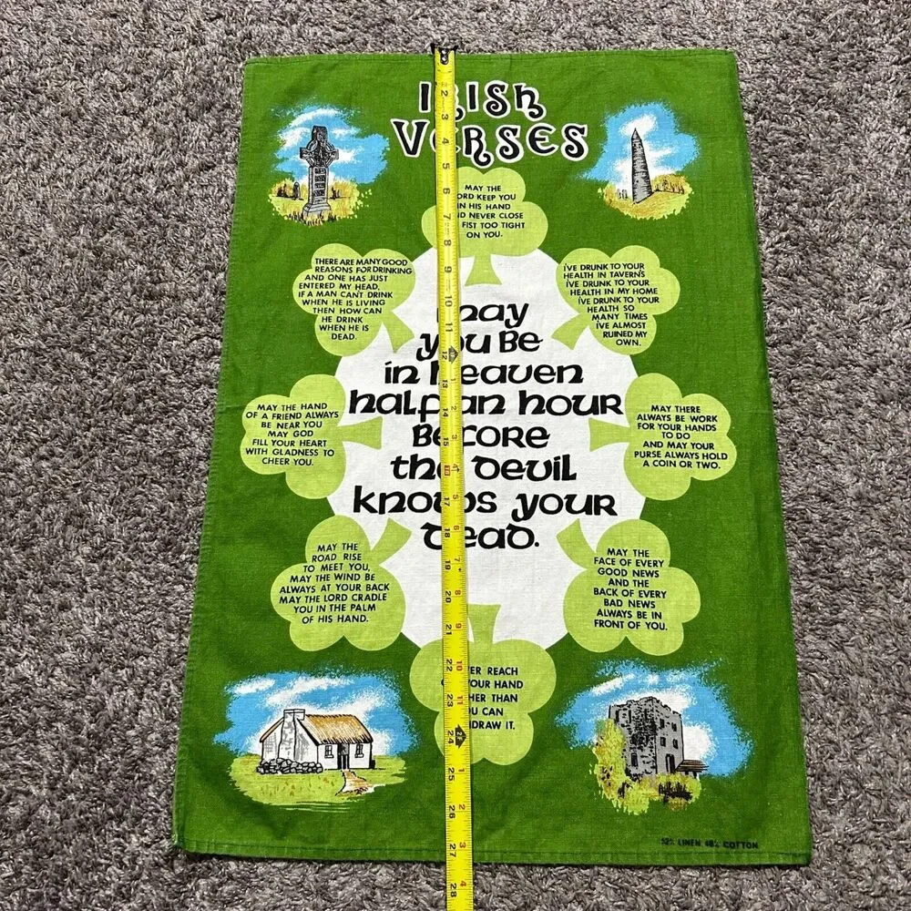 Vintage Irish Linen Wall Banner Decoration 70s 80s Green Cotton Blend 18x27 in
